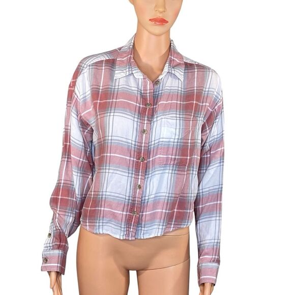 American Eagle Cropped Plaid Flannel Womens Size Small Button Up Pink White - Picture 2 of 7